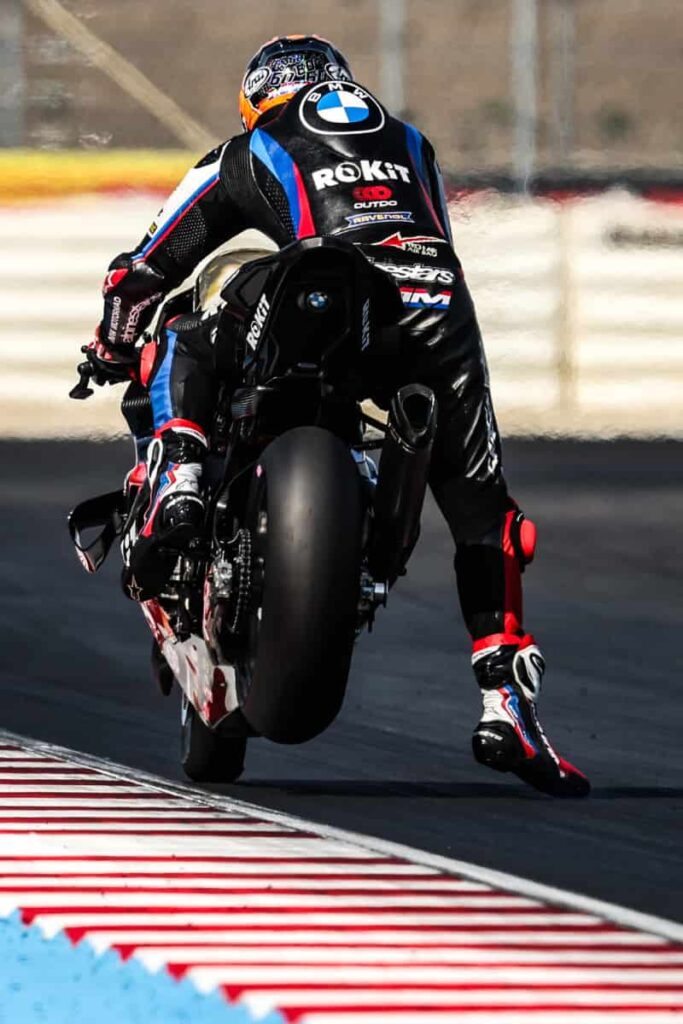 a motorcycle racer at brake