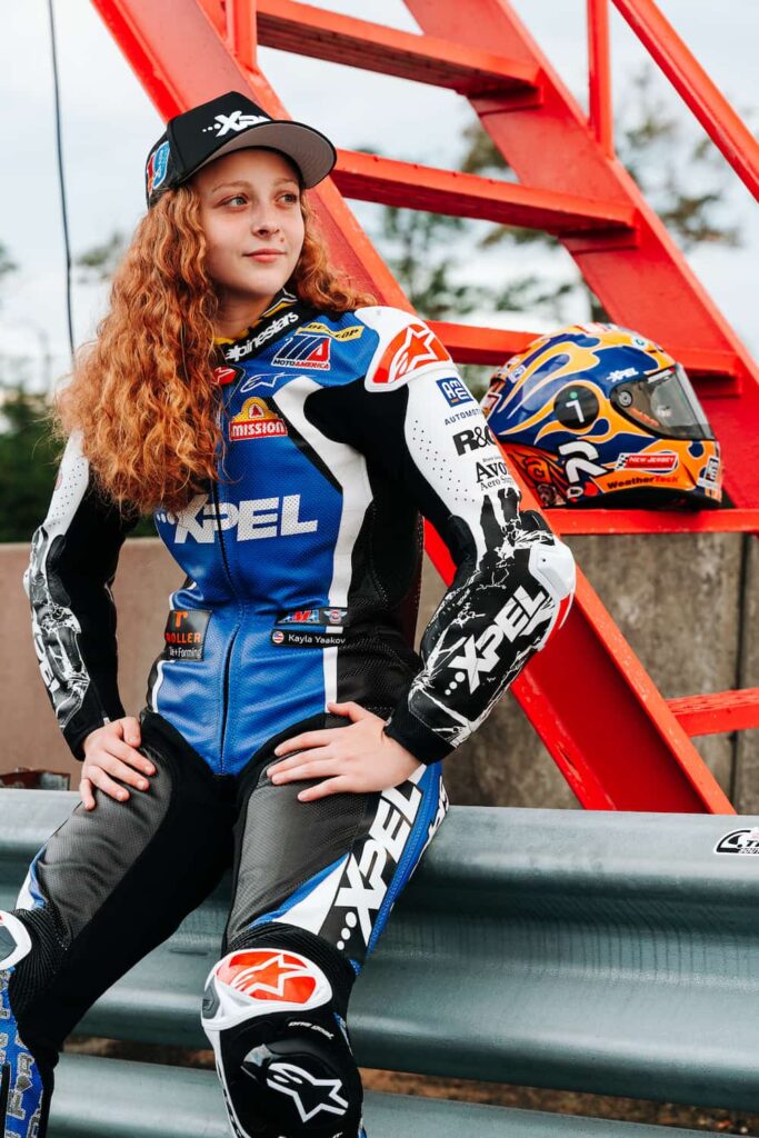 Kayla Yaakov - American motorcycle racer in leather suit